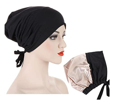 ® Soft Satin Turban Hat Inner Hijab Caps Underscarf Bonnet Hat Headwear for Cancer&Sleep - color: Black Light Grey Dark Grey Camel