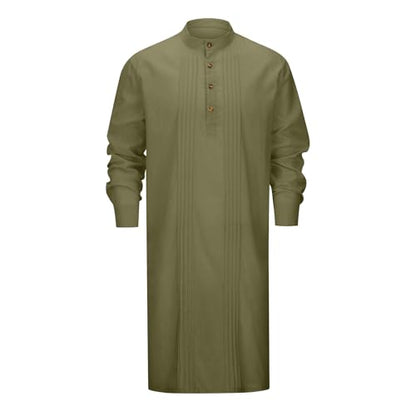Men's Long Sleeve Stand Collar Kaftan Thobe Button Down Henley Robe Casual Side Slit Front Pleated Gown Shirt Tops - color: Army Green, size: 3X-Large