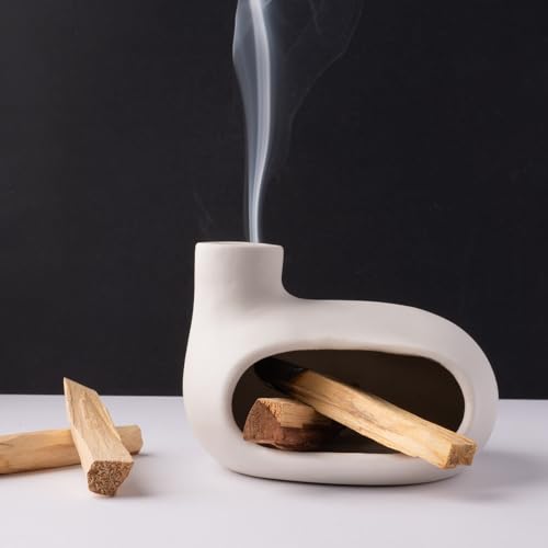 MOUGIGI Modern Palo Santo Holder Ceramic Burner for Meditation and Energy Cleansing - Handcrafted Smudge Bowl for Wood Sticks, Sage, and Incense Cones - color: Matte Clay -White