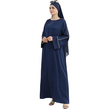 Muslim Praying Dress for Women Silk Glossy Back Zipper Robe Wear Gold Trim Modest Abaya Dress with Hijab - color: Navy, size: Large