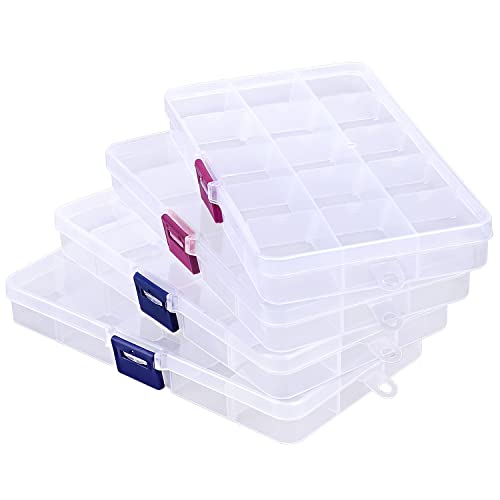 Rhinestone Organizer Storage Box, 4PCS 15-Grid Small Clear Plastic Jewelry Case, Empty Container Dividers for Nail Art Craft Accessory, Display Holder for Fishing Tackle, Bead, Charms, Sewing - color: 4PCS-Blue Buckle & Red Buckle, size: Small-6.7” x 3.7“