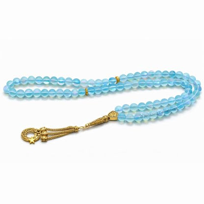 Amazing Gemstone Crystal Tasbeeh with Moon and Star Charm - Certified Crystal Muslim Prayer Beads Natural Gemstone Tasbih Gift for Ramadan Dhikr and Daily Namaz (G) - color: Blue Mermaid Glass
