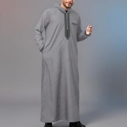 Men's Muslim Middle Arab Casual Long Sleeve Loose Hood Big and Tall Long Gown Dress Muslim Kaftan Thobe - color: Grey, size: Small