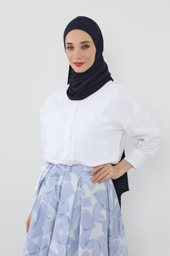 Aisha's Design Neck-Covering Practical Jersey Hijab with Built-In Ninja Bonnet - color: Navy Blue