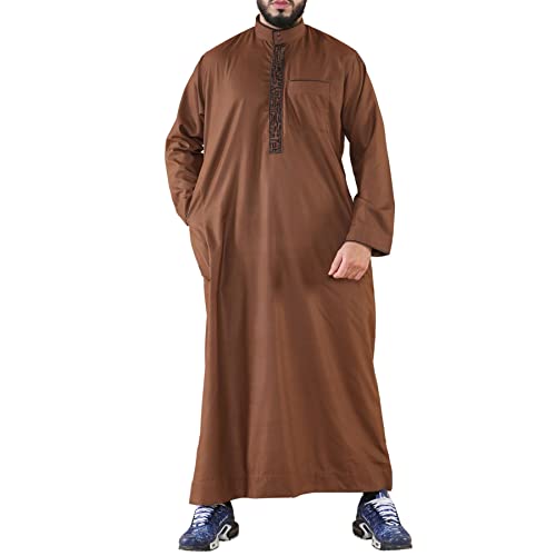 Mens Thobe Jubba Nehru Stand Collar Islamic Clothing Muslim Cotton Kaftan Embroidery Eid Robe Saudi - color: Brown, size: XX-Large