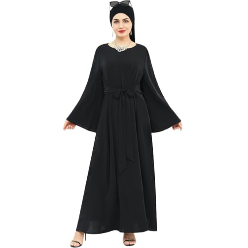 khalat Muslim Abaya Dress Women Solid Color Modest Prayer Robe Islamic Dubai Long Sleeve Lightweight Maxi Dress - color: Black, size: Small