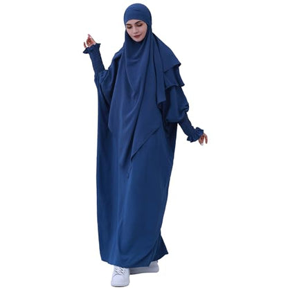 khalat Womens Muslim Prayer Dress Front Zipper Kaftan Islamic Robe Modest Solid Abayas for Women Muslim - color: Foggy Blue+hijab