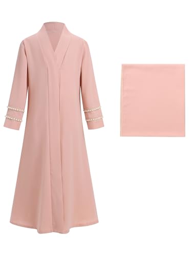 IDOPIP Muslim Dress for Girls Islamic Prayer Abaya Long Sleeve Cardigan Kaftan Robe Dresses with Hijab Ramadan Dubai Outfits - color: Pink, size: 5-6 Years