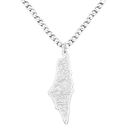 Uloveido Palestine Map Necklace – Arabic Engraved Stainless Steel Pendant, Islamic Middle Eastern Cultural Jewelry for Men and Women - color: Silver