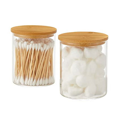 INIUNIK Glass Qtip Holder Dispenser with Bamboo Lid - 2 Pack Apothecary Jars - Cotton Balls Pads Swabs Holder Jar - Bathroom Vanity Canisters Jars for Countertop Storage and Organization - size: 2 Pack