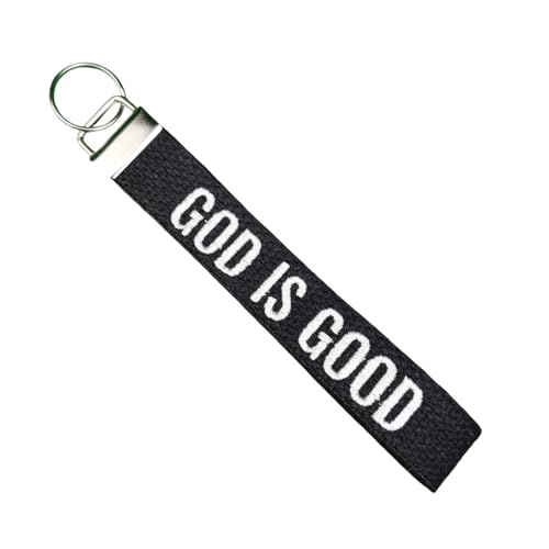 GOD IS GOOD Embroidered Keychain Christian Key Fob Religious Gifts Cotton Keychain - color: Black-white