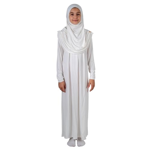 ihvan online Muslim Dress for Girls, Long Sleeve One-Piece Islamic Prayer Dress, Hijab for Kids, Girls Abaya, Islamic Gifts - color: White