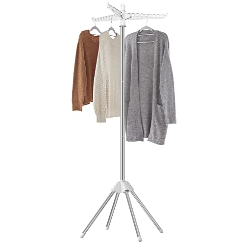 SONGMICS 의류 건조대, 149.9cm(59인치) 접이식 세탁 건조대, 행거용 회전 가능한 팔 3개, 다리 4개, 스테인리스 스틸, 옷 27피스용, 화이트 및 실버 ULLR510W01 - color: 화이트 + 실버, style: 1단