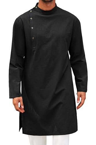Runcati Mens Kaftan Thobe Robe Long Sleeve Muslim Gown Kurta - color: Black, size: XX-Large