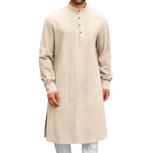 Mens Kaftan Thobe Button Down Cotton Linen Robe Muslim Casual Long Sleeve Gown Lightweight Breathable Kurta Caftan - color: A-khaki, size: X-Large