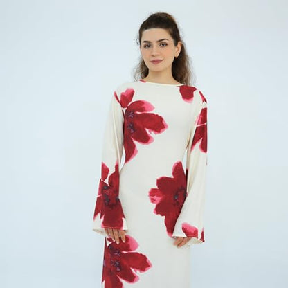 FYMNSI Womens Muslim Dresses Bell Sleeve Floral Butterfly Abaya Modest Dubai Kaftan Islamic Dress Eid Ramadan Prayer Clothes - color: White, size: Large