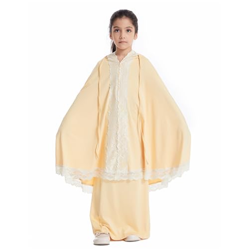 Girls Abaya Muslim Prayer Dress 2 Piece Maxi Sleeve Full Cover Lace Hijab Kaftan Tops Long Skirt Kids Soft Elastic - color: Light Yellow, size: 9-10 Years