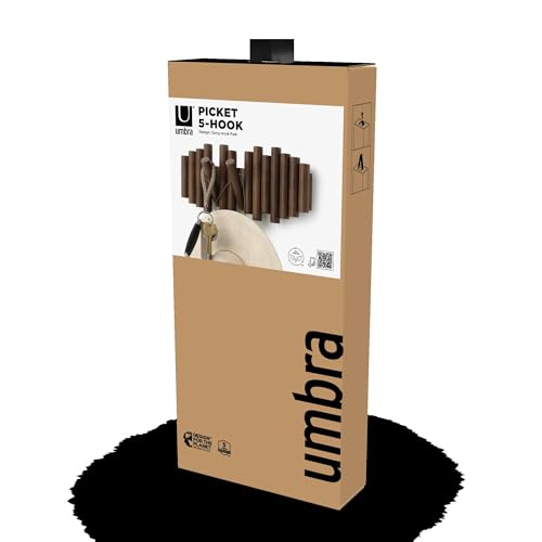 Umbra Picket Coat Rack, Wall Mount 5 Flip-Down Coat Hooks, Walnut | Beveled pine wood dowels, supports up to 5 lbs, mounting hardware included, space saving - color: Walnut, size: 5-Hook