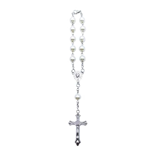Rosary Car Rearview Mirror Pendant, Car Rear View Mirror Charm, Cross Medal Car Rearview Mirror Hanging Ornament for Men and Women, Personalized Blessing Bead Decoration Present (Beige) - color: Beige