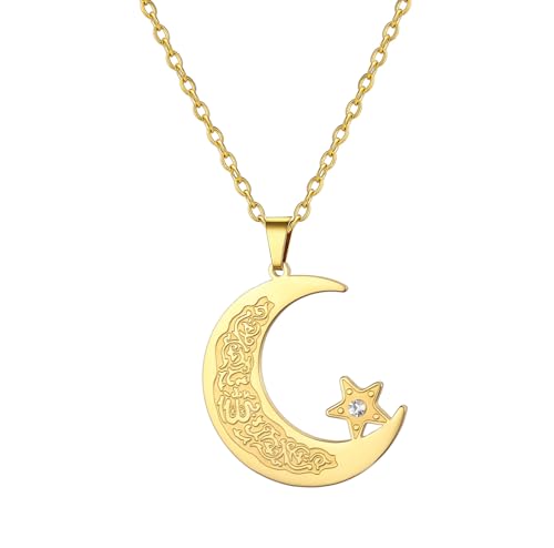 Islamic Ayatul Kursi Necklace Muslim Crescent Moon and Star Pendant Arabic Calligraphy Allah Amulet Religious Jewelry Eid Ramadan Gift for Women Men - color: gold