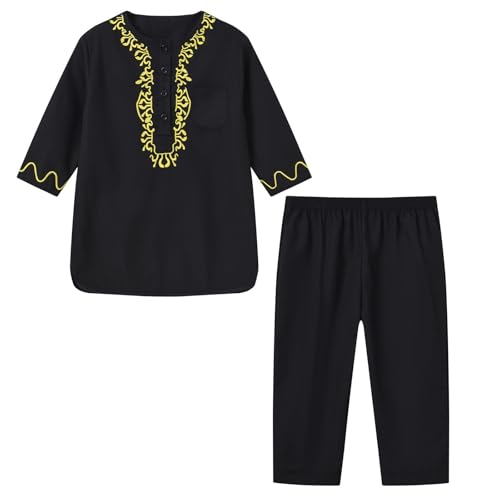 Boys Muslim Thobe Islamic Clothing Kids Muslim Prayer Clothes for Boys Eid Outfit Toddler Kaftan Ramadan Shirt Pants - color: Black, size: 18-30 Months