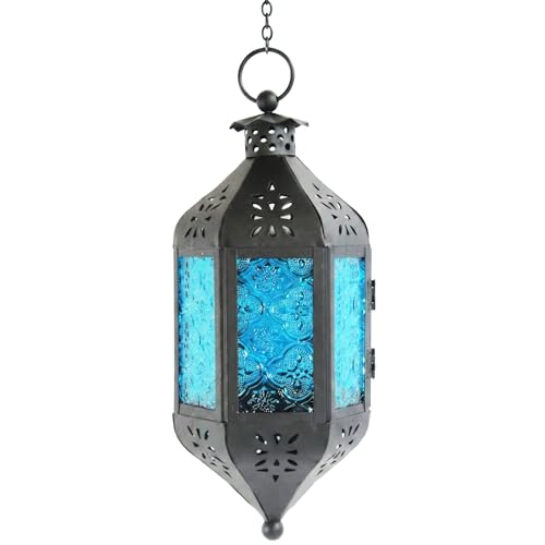 Vela Lanterns Decorative Outdoor Hanging Tea Light Candle Holder, Blue, M | Moroccan Lantern Indoor Patio Porch Decor, Metal Votive Candle Lamp, Ramadan Wedding Eid Diwali, Blue Glass 11.5" Tall - color: Blue, size: Medium