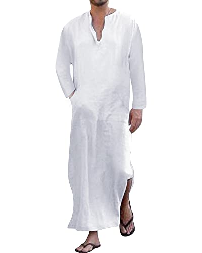 YAOHUOLE Men's Kaftan Thobe Long Sleeve Men Thobe Robe Side Split Men Thobe with Pockets Casual Thobe - color: White-long Sleeve, size: X-Large