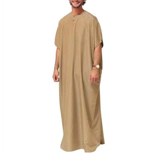 Thobe for Men,Breathable Men Jubba Thobe Middle East Kaftan for/Button Short Sleeve Men Robe Leisure Clothing - color: Khaki, size: Large