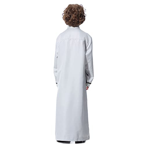 Boy's Muslim Arab Islamic Kaftan Embroidered Robe Solid Color Thobe Islamic Arabic Abaya Ethnic Dress With Pockets - color: Grey Stripe, size: 4-5T