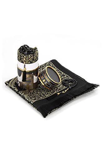 FURKAN Muslim Prayer Rug & Beads Set with Stylish Cylinder Gift Box Janamaz Sajadah Prayer Mat Perfect Islamic Spiritual Gift for Ramadan Islamic, Cylinder Gift Box - Model 2 - Black - color: Black