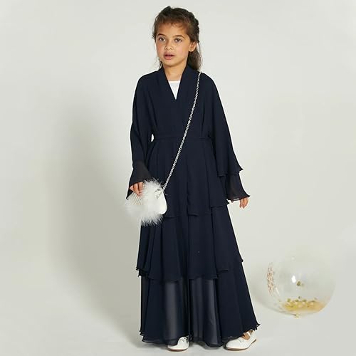 Chiffon layered Open Abaya Dubai Kaftan Muslim Cardigan Abayas Dresses For Girls Casual Robe Kimono Islam Clothing - color: Black, size: 4-5 Years