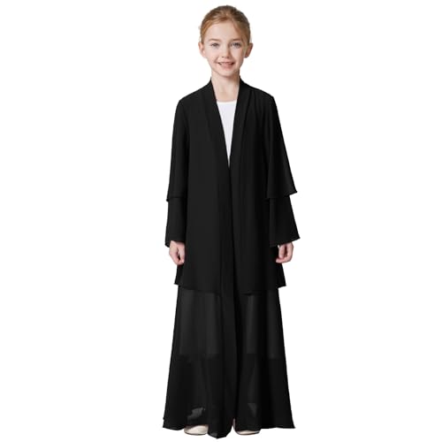 Kids Abaya Dress for Girls Muslim Dress with Hijab Chiffon Layered Open Front Cardigan Ramadan Eid Kaftans Dubai Outfit - color: Black, size: 9-10 Years
