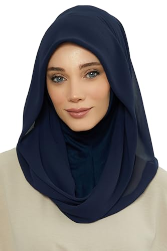 Aisha's Design Pre-tied Cotton-Chiffon Scarf for Women Practical Veil Instant Scarf Hijab Stylish Design - color: Navy Blue