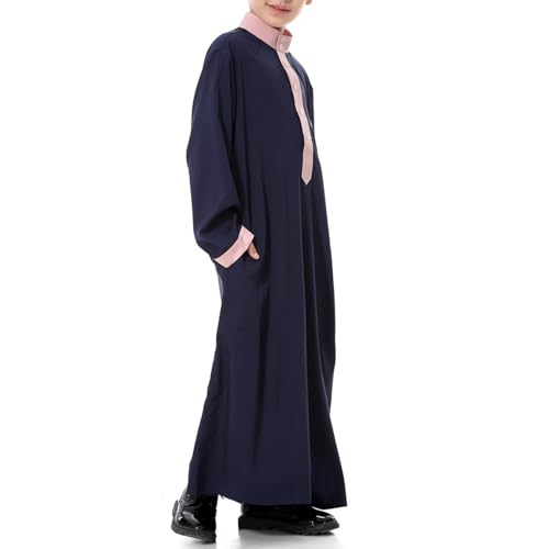 Arabic Thobe for Muslim Boys Eid Outfit Long Sleeve Kaftan Kids Prayer Dress Boys Muslim Thobe Ramadan Islamic Clothing - color: Navy, size: 13-14 Years