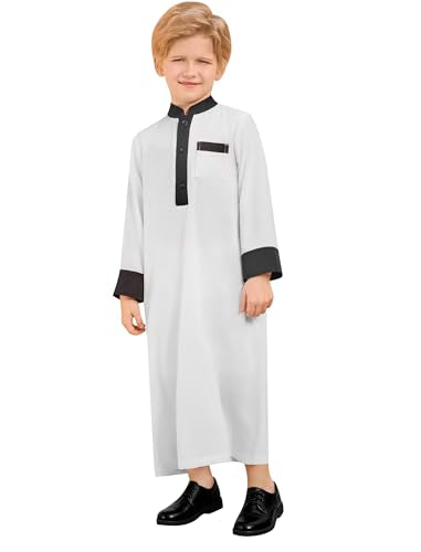 IWEMEK Kids Thobe for Muslim Boys Robe Eid Ramadan Kaftan Dubai Islamic Prayer Clothes Arabic Abaya Ethnic Dress with Pockets - color: Black-white, size: 5-6 Years