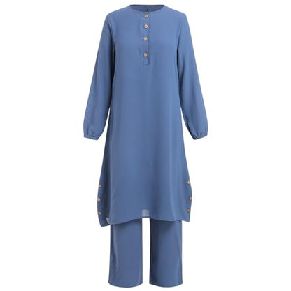 IDOPIP Women's Muslim Abaya Dress 2 Pieces Set Long Sleeve Button Down Shirt and Pants Casual Arabic Islamic Dubai Outfits - color: Blue, size: 4X-Large