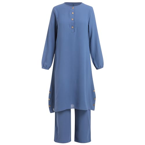 IDOPIP Women's Muslim Abaya Dress 2 Pieces Set Long Sleeve Button Down Shirt and Pants Casual Arabic Islamic Dubai Outfits - color: Blue, size: 3X-Large