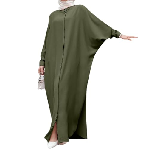 IDOPIP Muslim Dresses for Women Long Sleeve Islamic Ramadan Abaya Dubai Kaftan Robe Loose Casual Modest Arabic Prayer Clothes - color: Green
