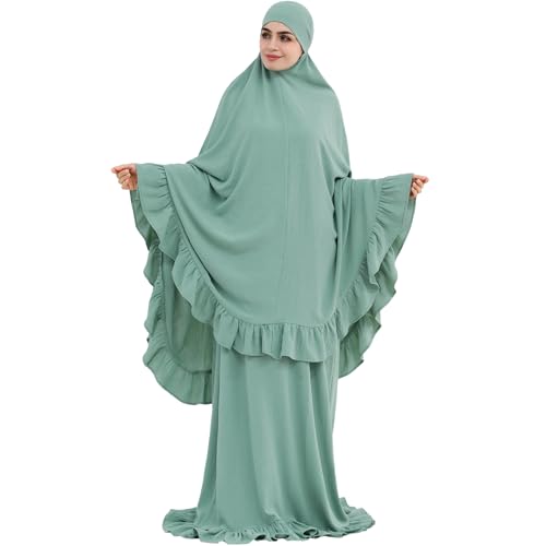 2PCS Abayas for Women Muslim Dress Ruffled Hem Modest Prayer Robe Full Coverage Modest Jilbab Set - color: Light Green, size: Large