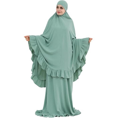 2PCS Abayas for Women Muslim Dress Ruffled Hem Modest Prayer Robe Full Coverage Modest Jilbab Set - color: Light Green, size: Large