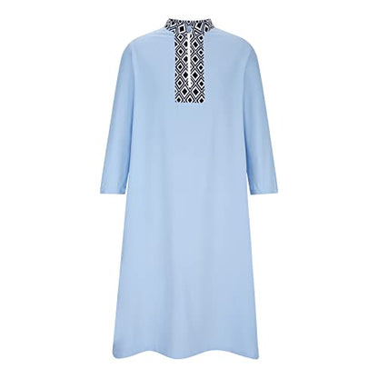 Ctreela Mens Zip V Neck Kaftan Thobe Button Down Casual Henley Shirts Long Sleeve Robe Ramadan Muslim Gown Thawb Shirts - color: Light Blue, size: Large