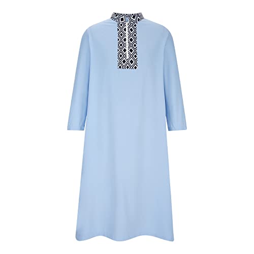 Ctreela Mens Zip V Neck Kaftan Thobe Button Down Casual Henley Shirts Long Sleeve Robe Ramadan Muslim Gown Thawb Shirts - color: Light Blue, size: Medium