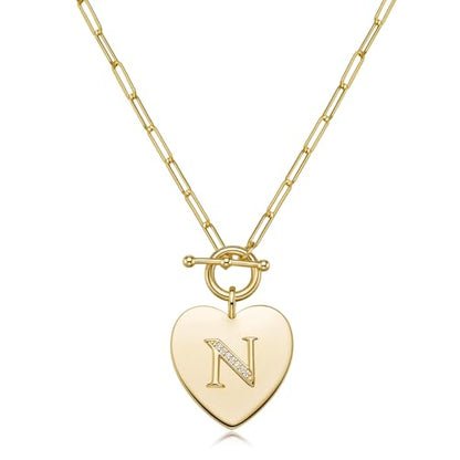 14K Gold Filled Heart Initial Necklace for Women, Dainty Alphabet Pendant Necklace with Paperclip Chain, Hypoallergenic Jewelry Gift for Her - color: Letter N