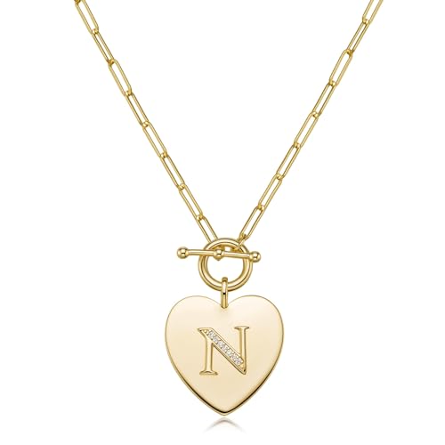 14K Gold Filled Heart Initial Necklace for Women, Dainty Alphabet Pendant Necklace with Paperclip Chain, Hypoallergenic Jewelry Gift for Her - color: Letter N
