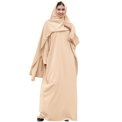 IDOPIP Abayas for Women Muslim Dress with Hijab, One-Piece Long Sleeve Islamic Prayer Dress with Khimar Jilbab Kaftan Clothes - color: Apricot + Hijab