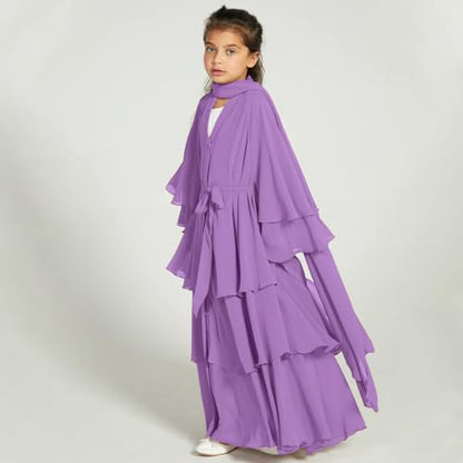 IDOPIP Muslim Girls Abayas Dress for Kids Long Sleeve Chiffon Islamic Kaftan Robe Open Front Cardigan Prayer Dress with Hijab - color: Purple, size: 4-5 Years
