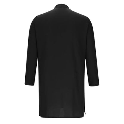 Mens Kaftan Thobe Long Sleeve Stand Collar Side Button Robe Gown Casual Loose Split Cotton Linen Muslim Shirts Top - color: Black, size: Large
