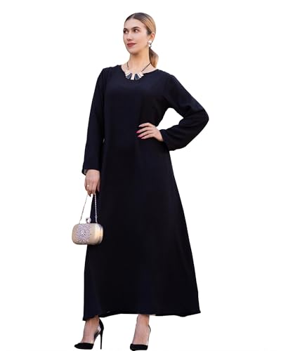 Solid Color Women Abaya Modest Muslim Prayer Robe Long Sleeve Dubai Maxi Dress Islamic Lightweight Dress - color: Black, size: X-Large