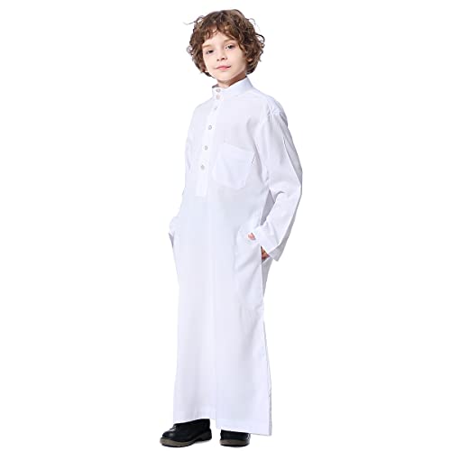 IDOPIP Muslim Thobe for Boys Kids Long Sleeve Islamic Arabic Kaftan Robe Middle East Dubai Prayer Dress Clothes with Pockets - color: White, size: 5-6 Years
