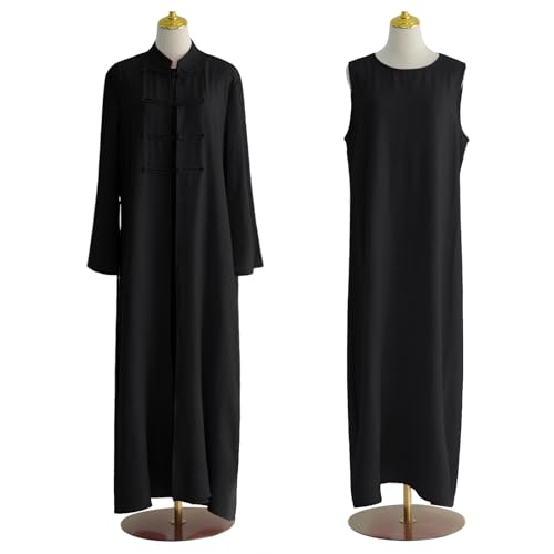 2PCS Women Muslim Abaya Dress Stand Collar Full Coverage Cardigan Dress Set - color: Black, size: Large